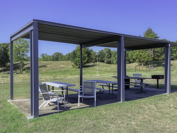 Tables and chairs on the park in Flat Rock Village